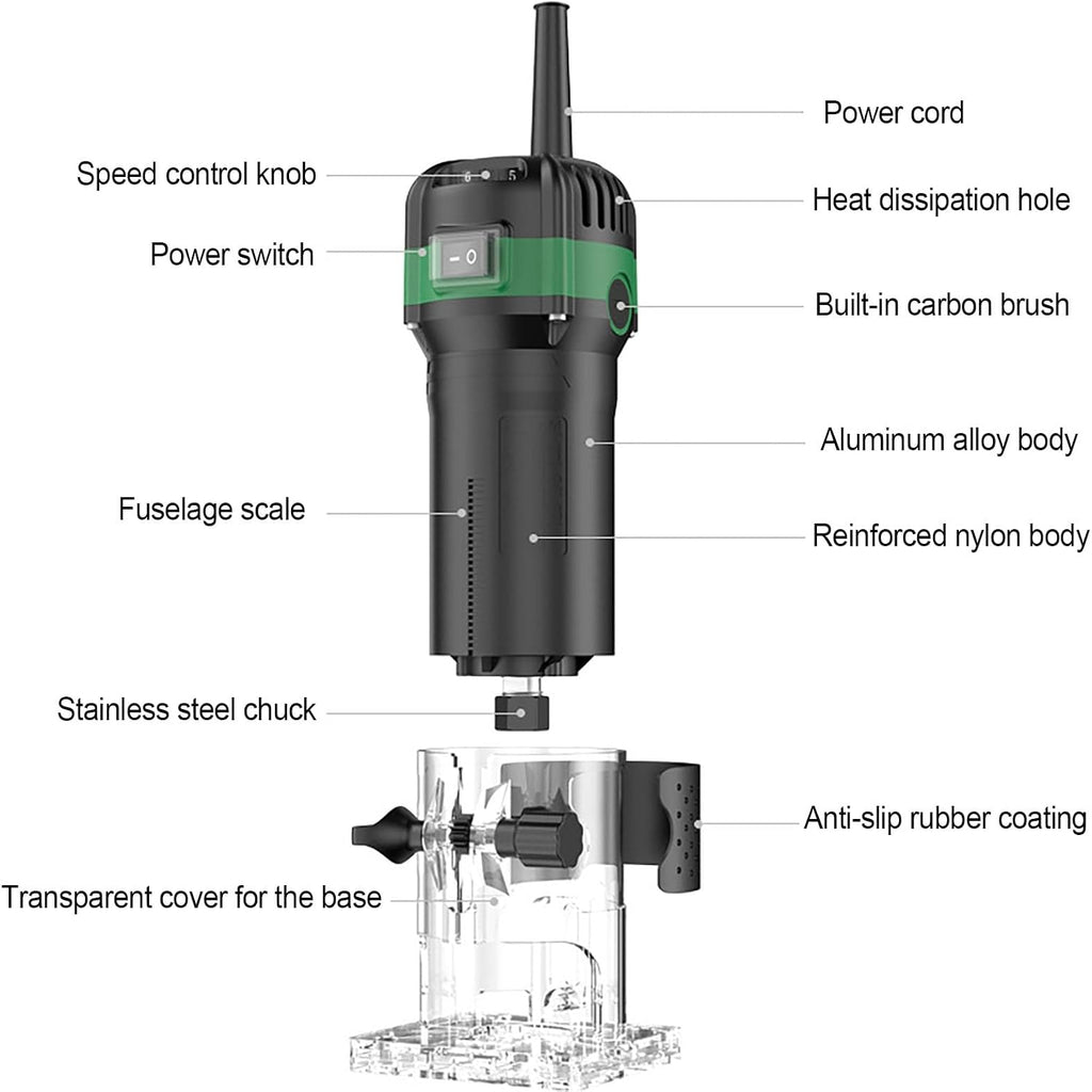 Woodworking Router, 800W 6-Speed Electric Router with Full Copper Motor, Edge Trimming Tool Adjustable Depth, for Slotting Trimming Carving