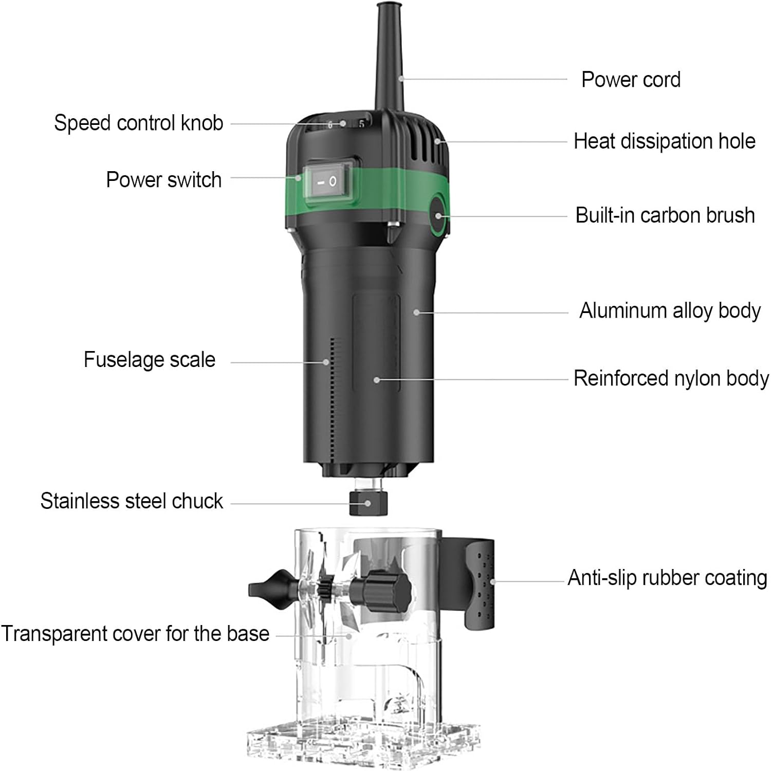 Woodworking Router, 800W 6-Speed Electric Router with Full Copper Motor, Edge Trimming Tool Adjustable Depth, for Slotting Trimming Carving