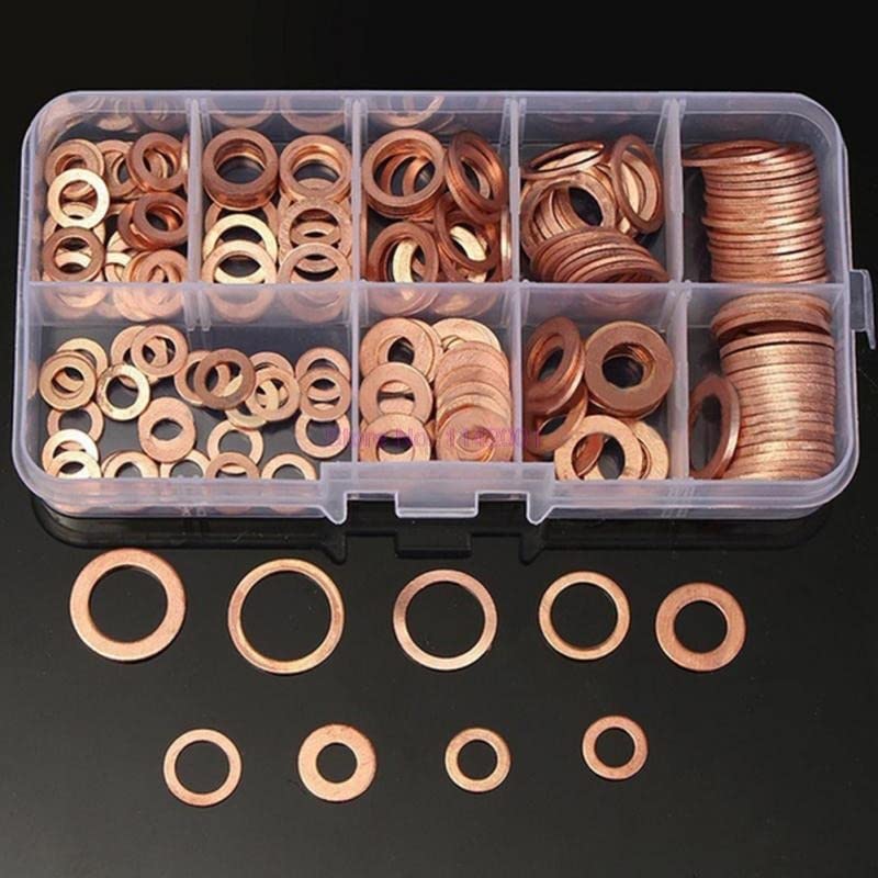 10Set 200pcs/set Copper Washer Gasket Nut and Bolt Set Flat Ring Seal Assortment Kit with Box //M8/M10/M12/M14 for Sump Plugs