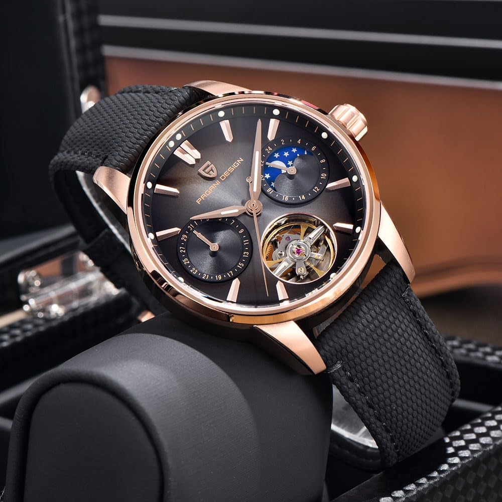 Pagani Design Luxury Men's Automatic Watch Skeleton Tourbillon Moon Phase Stainless Steel 100m Waterproof Leather Strap Men's Mechanical Watch
