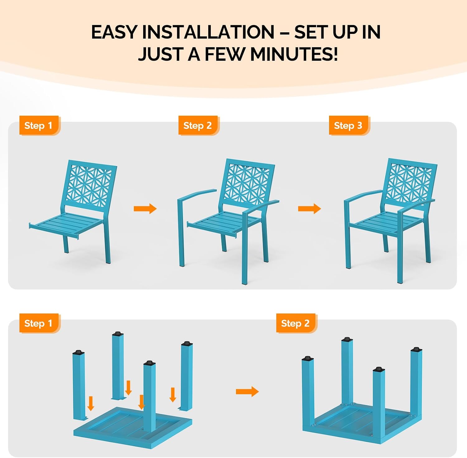 VINGLI 3-Piece Outdoor Bistro Set, Stackable Modern Metal Steel Table and Chairs with Rust-Resistant Coating, Small Patio Furniture Conversation Set for Porch, Deck, Balcony, Garden, Blue