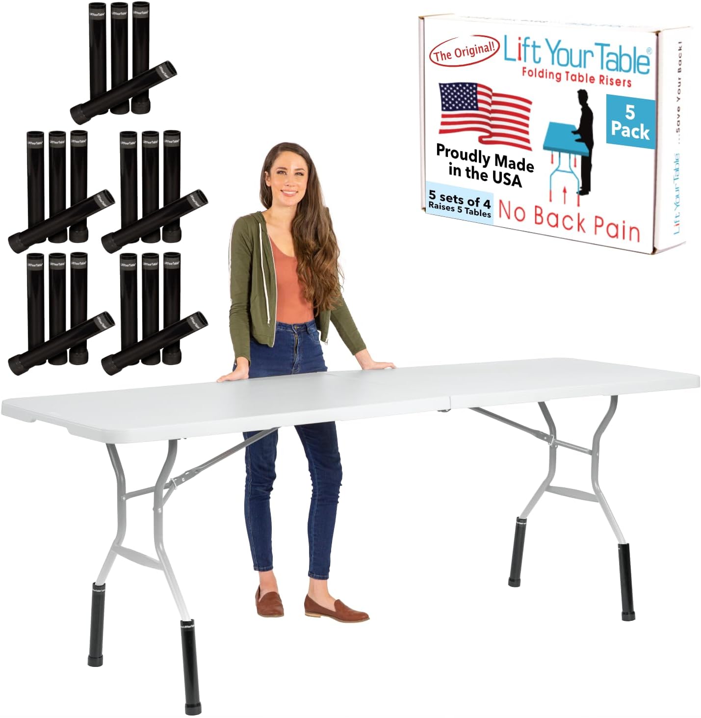 Lift Your Table® Folding Table Risers – Commercial Pack: Counter Height (Movable Foot) (5 Sets) – USA Made, Heavy Duty, Portable, No Extra Parts, OSHA Compliant – Catering, Warehouse, Shipping