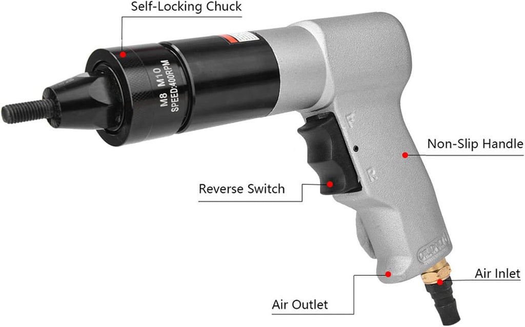 Air Rivet Gun, Metal 1/4 Inlet Port Pneumatic Riveting Gun Pull Nut Automatic Air Riveter Nut Gun Tool 220x180mm (M8/M10 KP-7323)