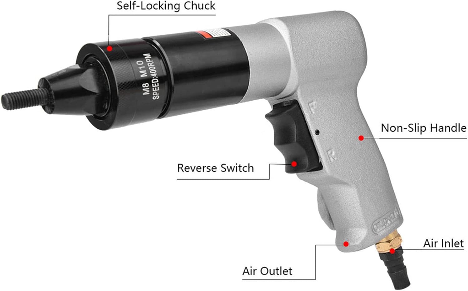 Air Rivet Gun, Metal 1/4 Inlet Port Pneumatic Riveting Gun Pull Nut Automatic Air Riveter Nut Gun Tool 220x180mm (M8/M10 KP-7323)