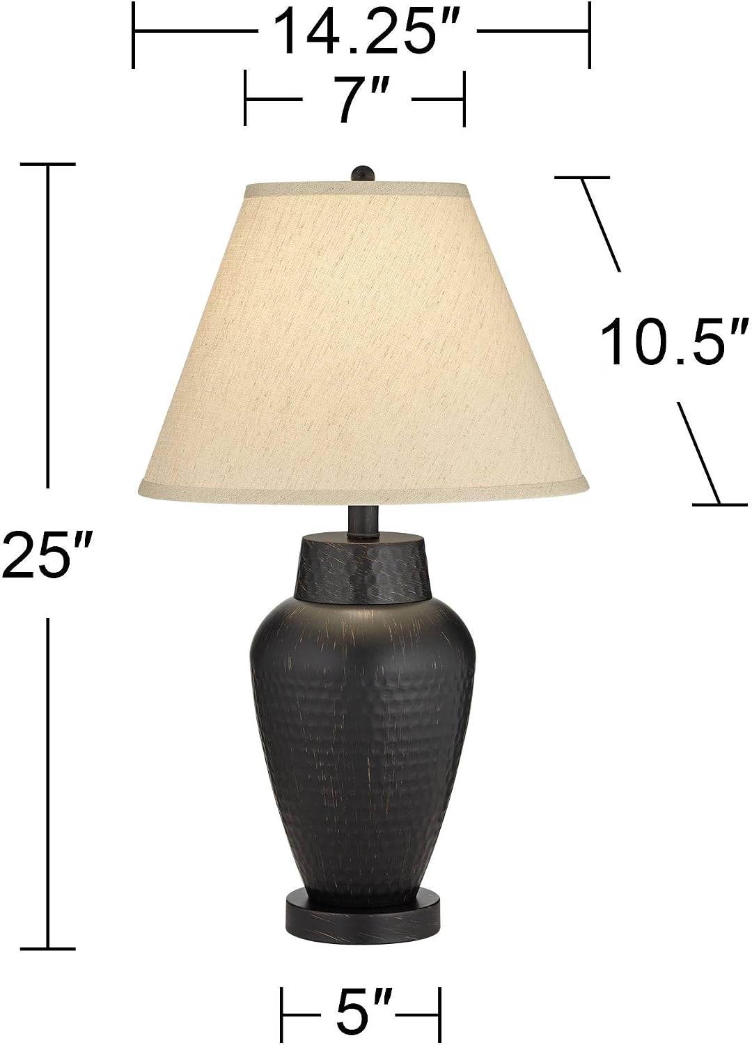 Regency Hill Auburn Modern Rustic Vase-Shaped Table Lamp 25' High Textured Hammered Bronze Brown Metal Natural Linen Empire Shade for Living Room Bedroom House Bedside Nightstand Home Office