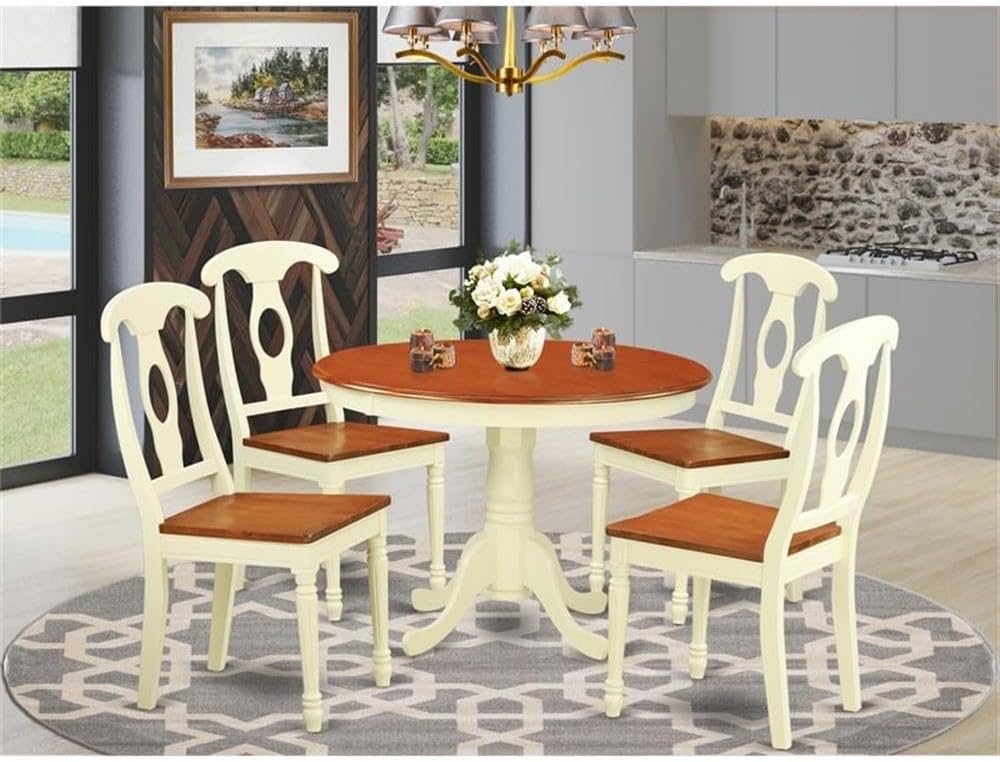 East West Furniture HLKE5-BMK-W 5 Piece Kitchen Table Set for 4 Includes a Round Dining Table with Pedestal and 4 Dining Room Chairs, 42x42 Inch, Buttermilk & Cherry