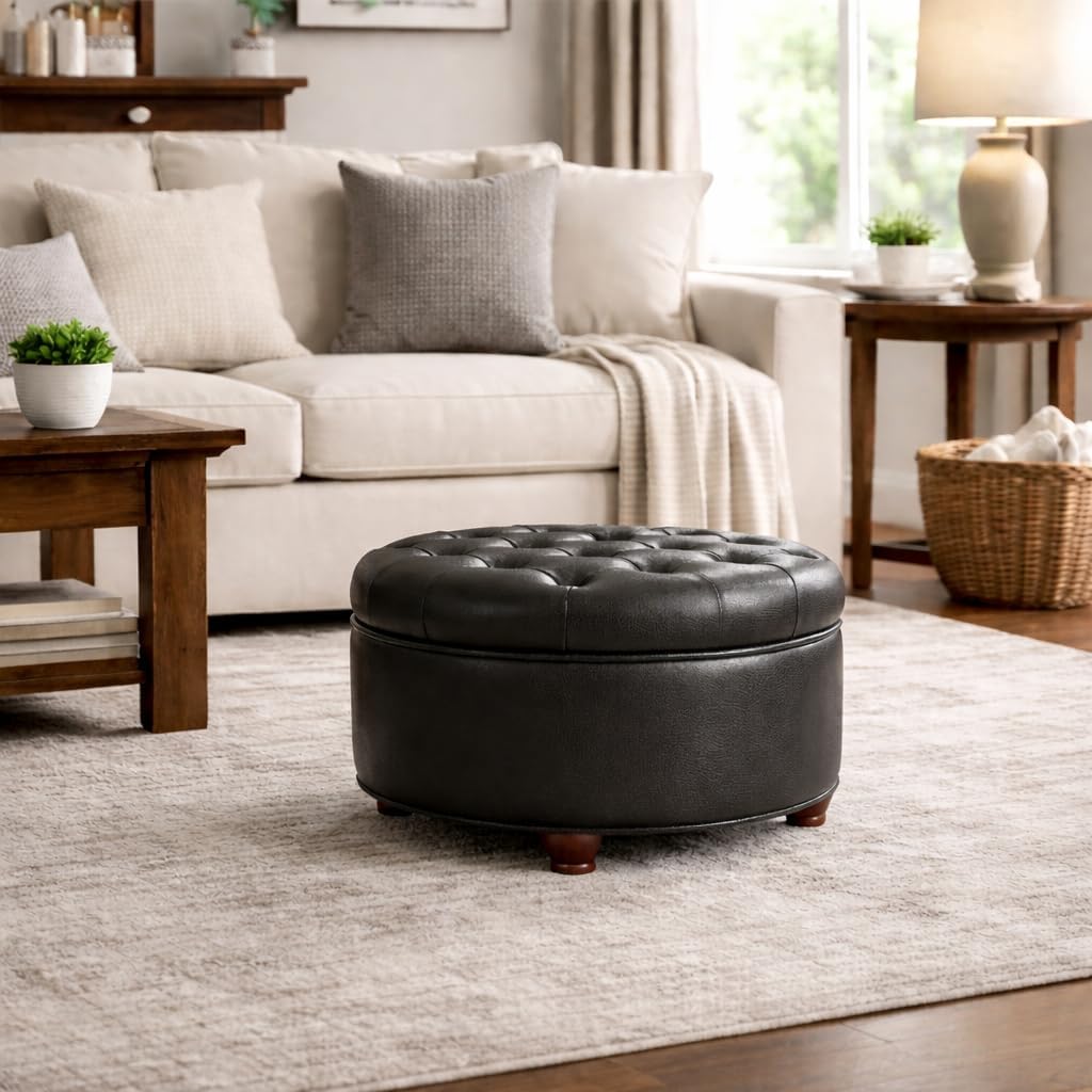 Homepop Home Decor | Button Tufted Faux Leather Round Storage Ottoman | Ottoman with Storage for Living Room & Bedroom (Black Faux Leather)