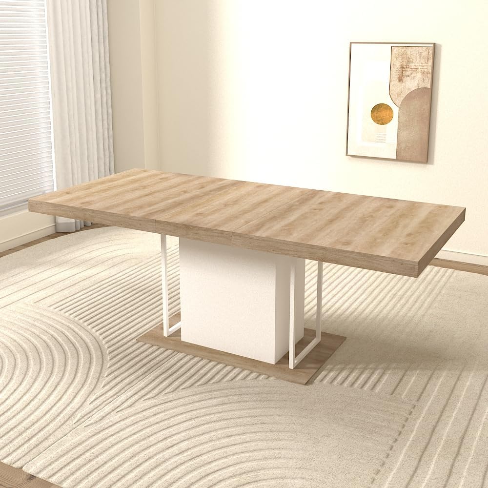78.74'' Extendable Rectangular Dining Table for 4-8, Modern Mid-Century Wood Expandable Kitchen Dinner Conference Table for Living Room Office, Widen Pedestal Base, White & Oak