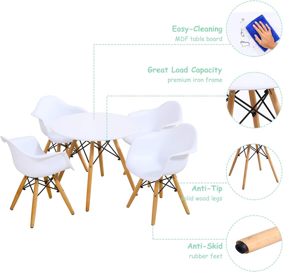 Costzon Kids Table and Chair Set, Mid-Century Modern Style Table Set Round Table with Armchairs for Toddler Children, Kids Dining Table and Chair Set (White, Table & 4 Chairs)
