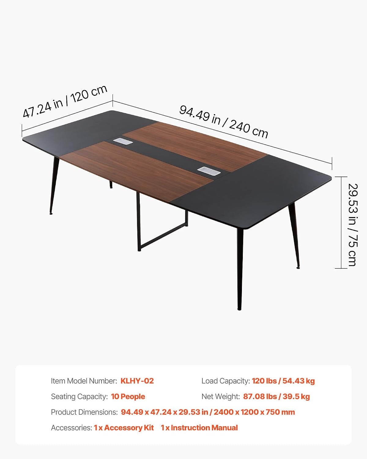 VEVOR Conference Table, 8 ft Boat Shaped Office Meeting Table for 10 Person, Modern Large Boat Meeting Desk with Metal Legs, Ideal for Office, Boardroom, Conference Room, Easy Assembly, Black & Brown