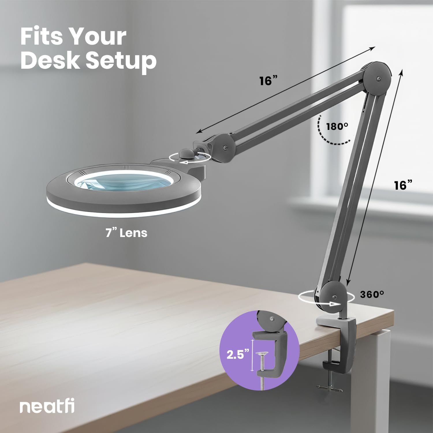 Neatfi XL Bifocal LED Magnifying Lamp, 7' Acrylic Lens, 2.25X/6X Magnification, 1,600 Lumens Dimmable | Hands-Free Close Work | Crafting, Jewelry & Reading (Silver, 7-inch Lens, Non-CCT with Clamp)