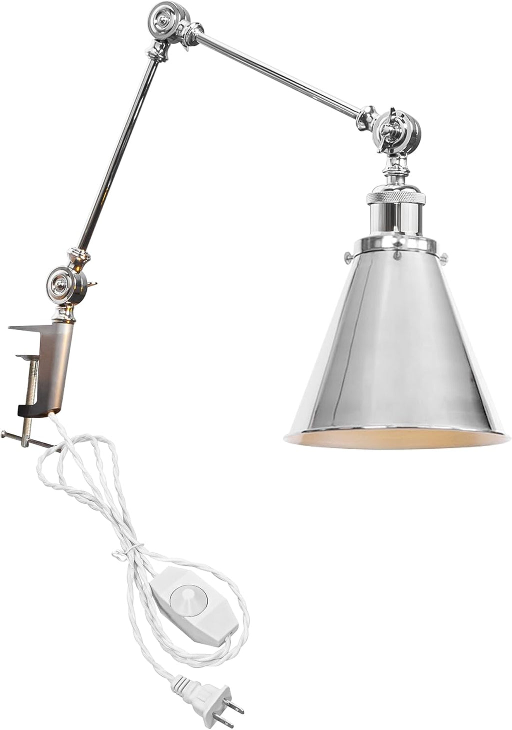 Kiven Dimmable Clamp Lamp, 1-Light Aluminum Nightstand Lamp with Flexible Swing Arm, 8.2FT Plug in Cord, Industrial Decorative Clip-on Desk Lamp for Bookshelf Office Bedside,Silver
