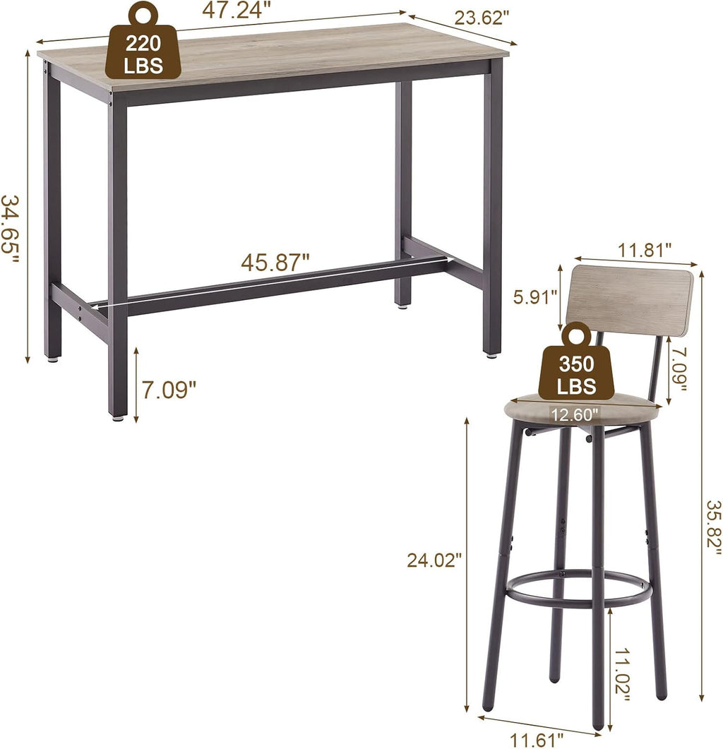 KIVENJAJA Bar Table and Chairs Set for 4, 5-Piece Rectangle Pub Bistro Table and PU Upholstered Stools with Backrest, Counter Height Dining Table Set for Kitchen Breakfast Nook Restaurant, Grey