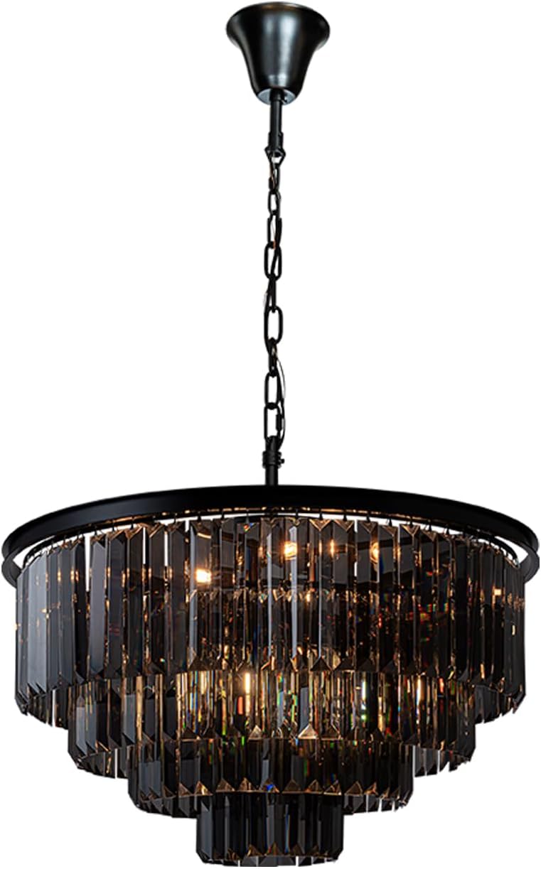 ALOADECOR 10-Light W32 in. Modern Odeon 4-Tier Round Fringe Crystal Chandelier in Matte Black Finish Frame with Smoke Crystal Accents Dual-Use Light for Dining Room Living Room Bedroom