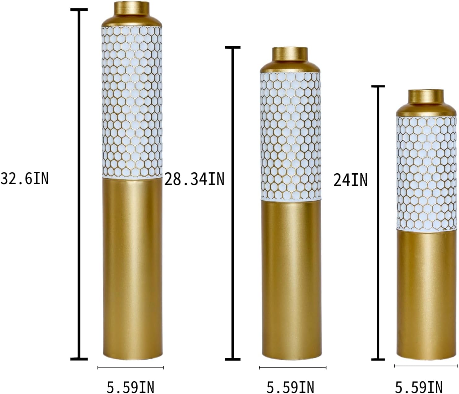 Floor Metal Vase Modern Style Decoration Home, Metal Vase 3-Piece Set for Living Room, Entryway & Office Decor, Rustproof Tall Standing Home Décor (Gold+White Hexagon)