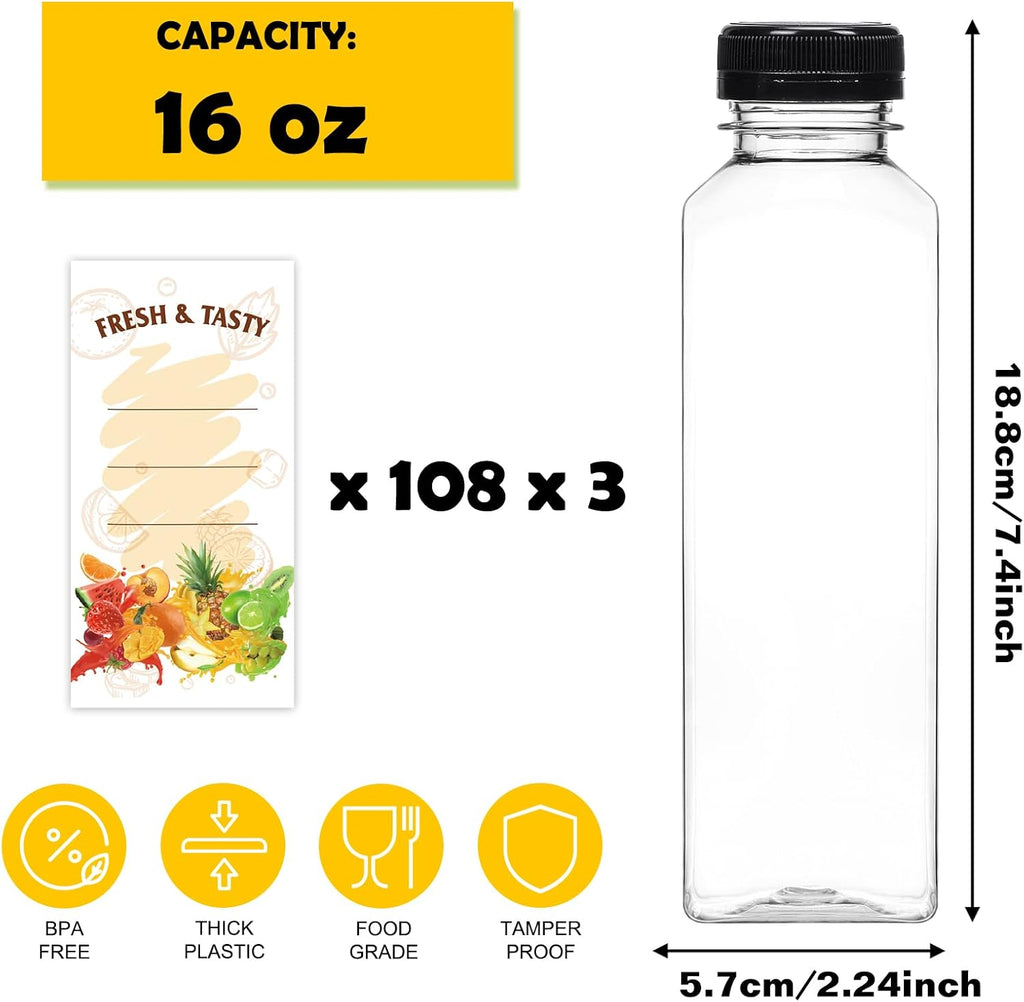 BAKHUK 324pcs 16oz Empty Plastic Juice Bottles with Caps, Plastic Water Bottles with Lids, Reusable Clear Bulk Beverage Containers for Juice, Milk and Other Beverages(3 Package)