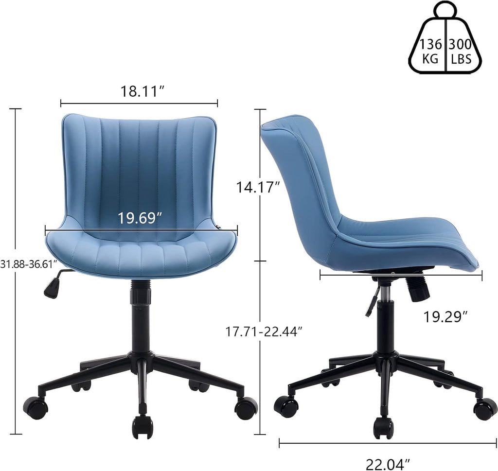 YOUNIKE Blue Office Desk Chair with Wheels Comfy Armless Vanity Chair with Back Modern Small Faux Leather Upholstered Rolling Task Chair Cute Computer Drafting Sewing Chair Swivel Adjustable Compact