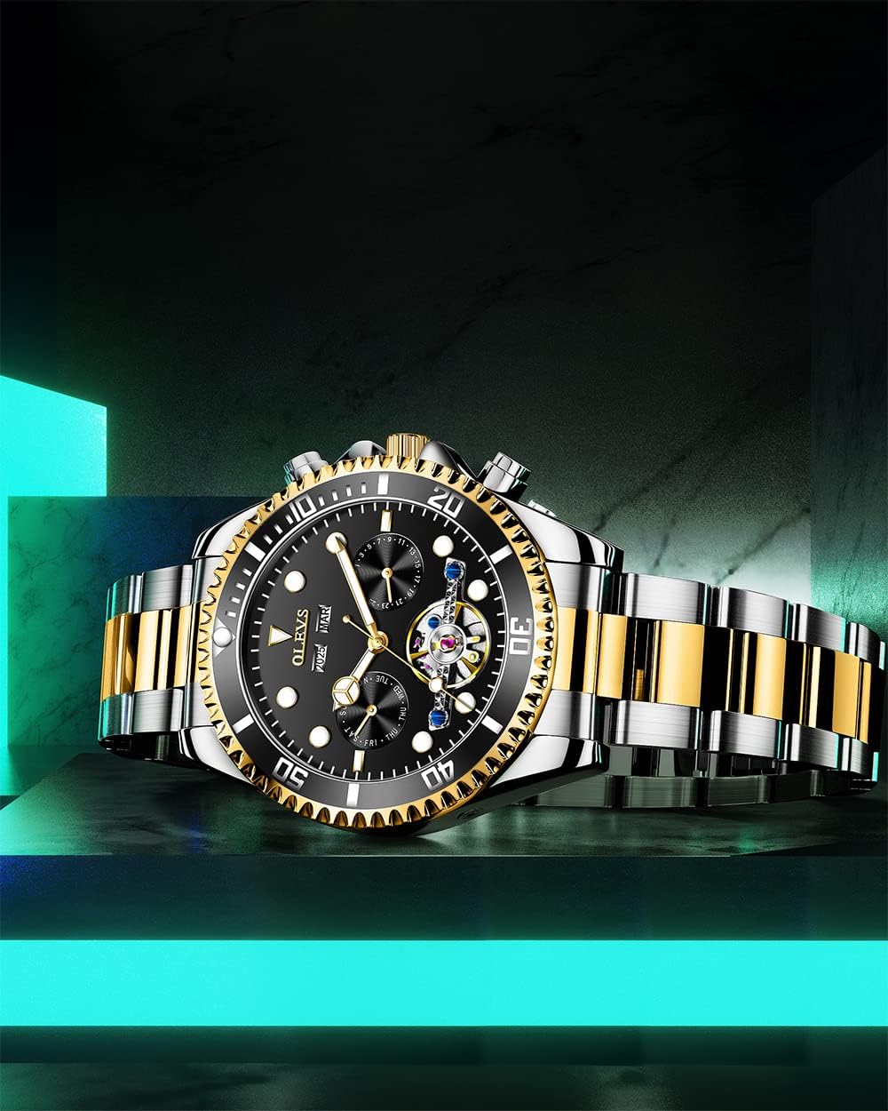 OLEVS Men's Stainless Steel Chronograph Watch, Big Face Gold Silver Black Tone Easy to Read Analog Quartz Watch, Luxury Waterproof Date Diamond Roman Arabic Numerals Dial Dress Watch for Men