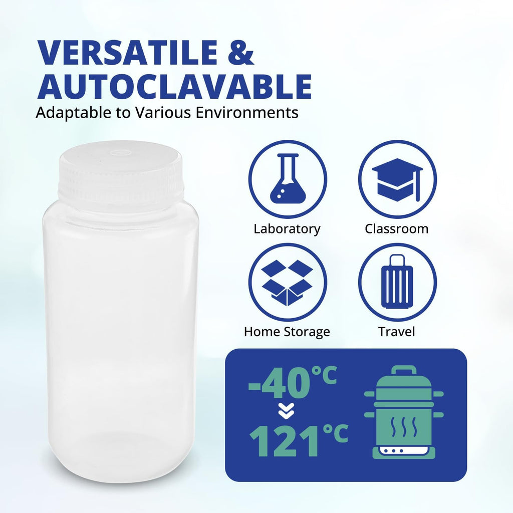 United Scientific™ 16oz Bottles with Lids, Wide Mouth Polypropylene Reagent Bottle, Autoclavable, BPA-Free, RoHS Compliant, 500ml, Case of 144