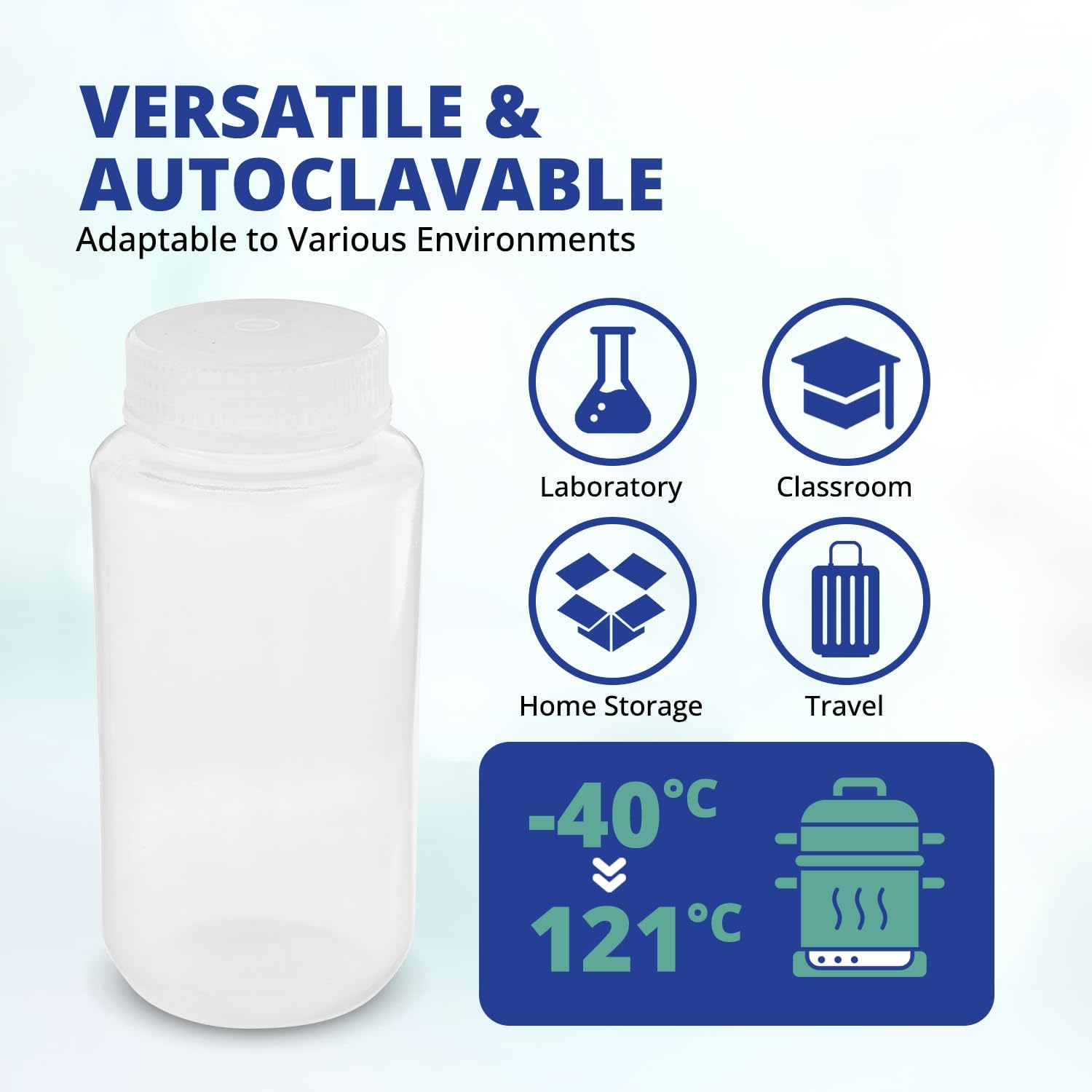United Scientific™ 16oz Bottles with Lids, Wide Mouth Polypropylene Reagent Bottle, Autoclavable, BPA-Free, RoHS Compliant, 500ml, Case of 144