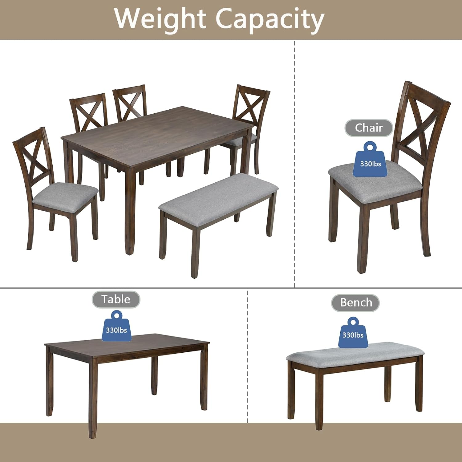 KEIKI 6-Piece Standard Height Dining Table Set with Rectangular Table, 4 Upholstered X-Shaped Backrset Chair, Bench, for 6 Person, Modern Table Set, Easy Assembly, for Kitchen, Dining Room, Walnut