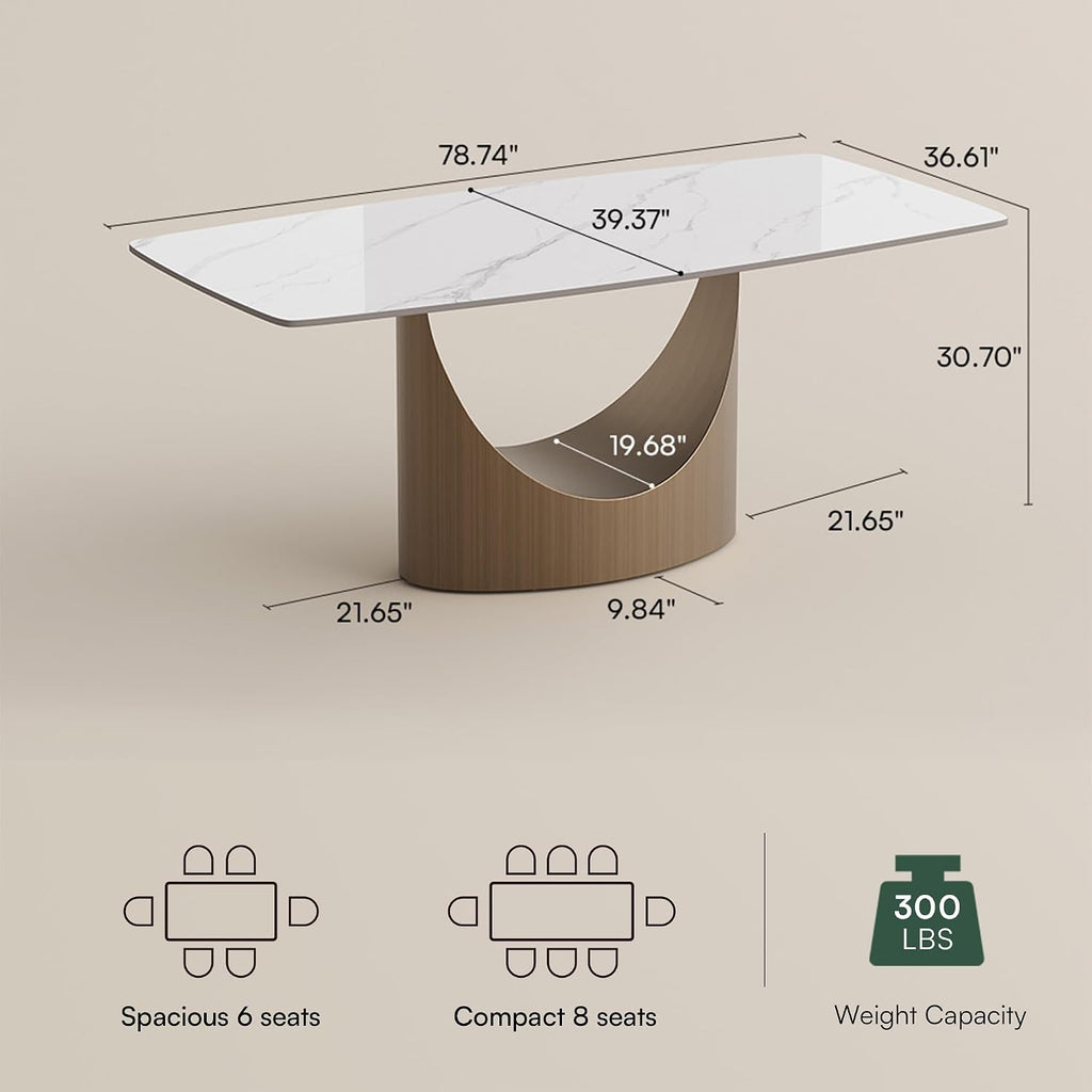 POVISON 79' Modern Dining Table for 6-8, Glossy White Dining Table Sintered Stone Dining Tabletop with Bronze Carbon Steel Pedestal for Dining Room (Table Only)