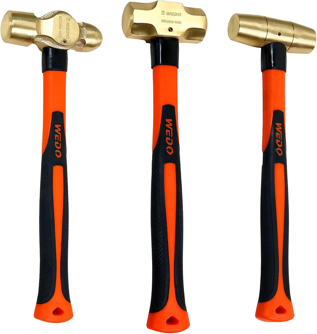WEDO 3PCS Hammer Set,3lb Sledge Hammer,2lb Drum Type Hammer,2lb Ball Pein Hammer,Brass,Fiberglass Handle,Die-Forge,Corrosion Resistant