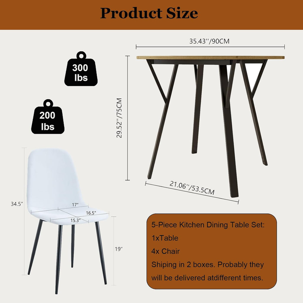 Round Dining Table Set for 4, Rustic 36' Circle Kitchen Table and 4 White Linen-Cotton Dining Chairs, Solid Metal Frame, Space Saving Wood Small Kitchen & Dining Room Furniture