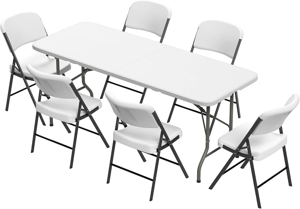 Elevon Folding Table Set with 6 White Folding Chairs,6 Feet Heavy Duty Fold-in-Half Utility Table Sets for Picnic, Event, Training, Outdoor Activities, at Home and Commercial Use