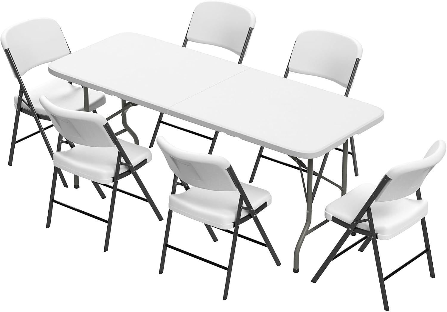 Elevon Folding Table Set with 6 White Folding Chairs,6 Feet Heavy Duty Fold-in-Half Utility Table Sets for Picnic, Event, Training, Outdoor Activities, at Home and Commercial Use