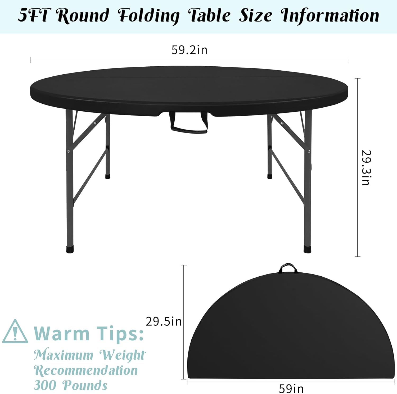 Fivenl 5 FT Round Folding Tables Black Foldable Table, Fold-in-Half with Carrying Handle Portable Plastic Table for Party, Dining, Wedding, Camping, Picnic, Indoor Outdoor Events (Black)