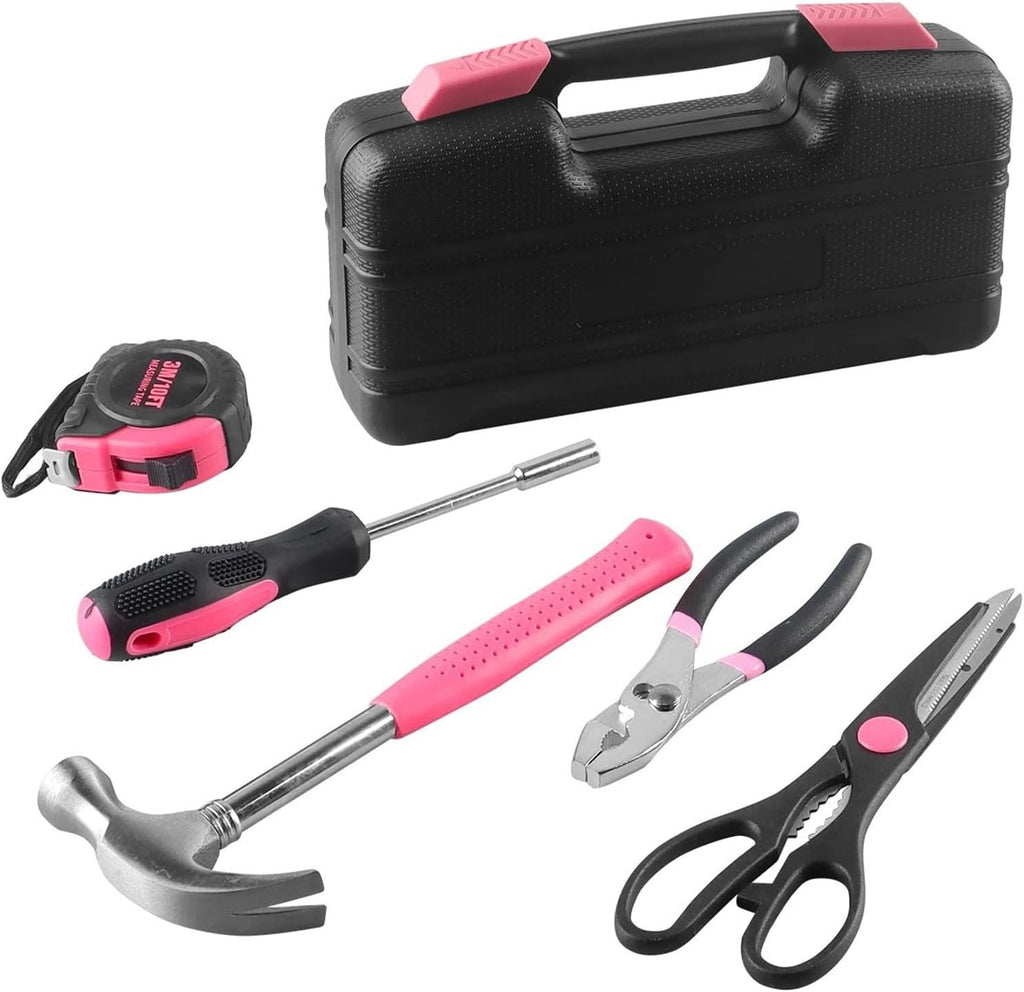 39Pcs Household Repair Tool Kit Multipurpose Pink Home Hand Tool Set with Storage Case Durable Hammer and Screwdriver Set