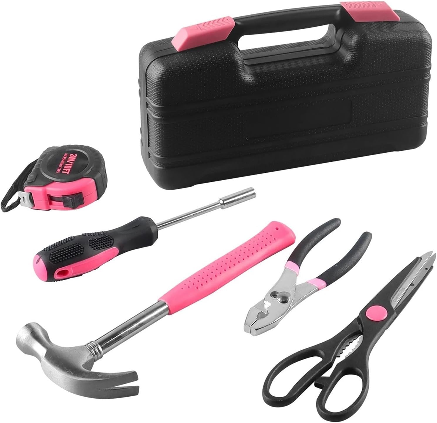 39Pcs Household Repair Tool Kit Multipurpose Pink Home Hand Tool Set with Storage Case Durable Hammer and Screwdriver Set