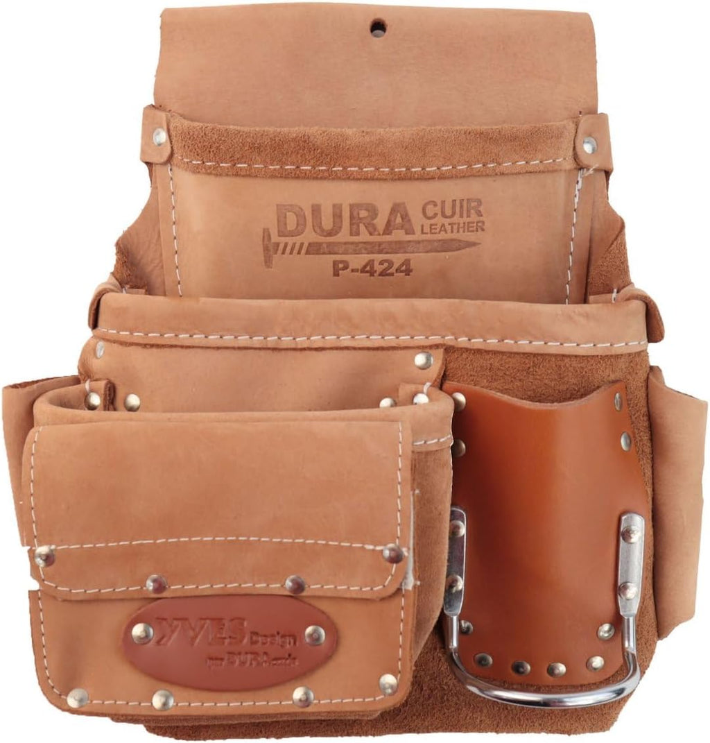 Professional Leather Tool Belt, Construction Carpenter Pouch Set with Suspenders, Multiple Pockets, Tan