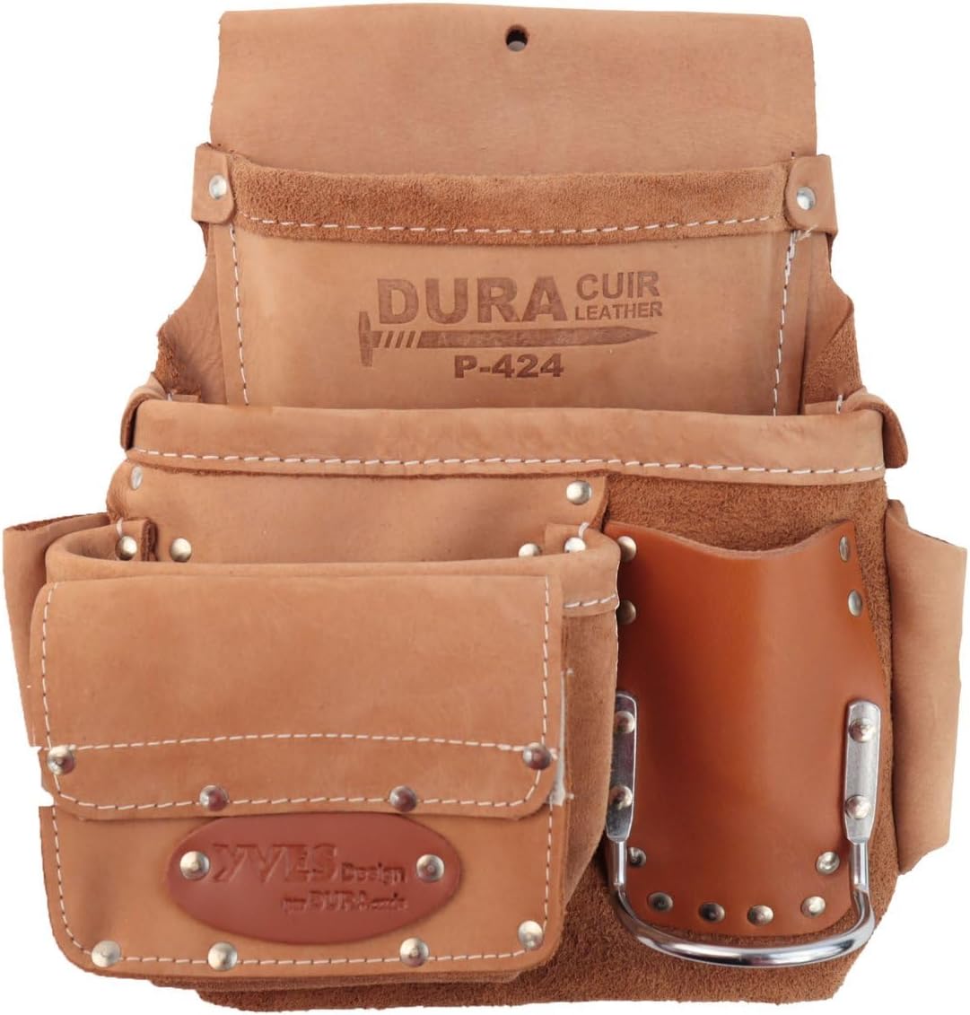 Professional Leather Tool Belt, Construction Carpenter Pouch Set with Suspenders, Multiple Pockets, Tan