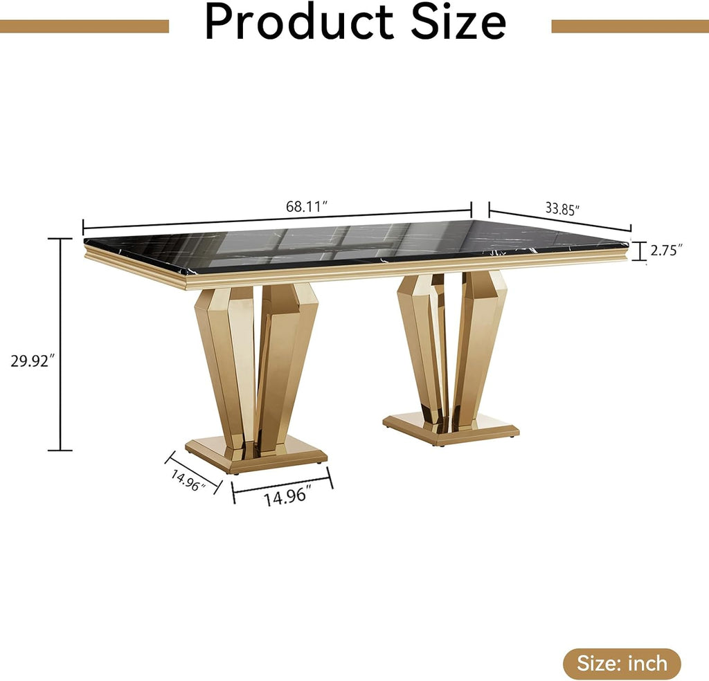 68' Luxury Rectangular Marble Dining Table for 4 to 6, Black Faux Marble Kitchen Table with Gold X Shape Stainless Steel Pedestal, Modern Kitchen Dining Room Table for Breakfast Dinette Dinner Party