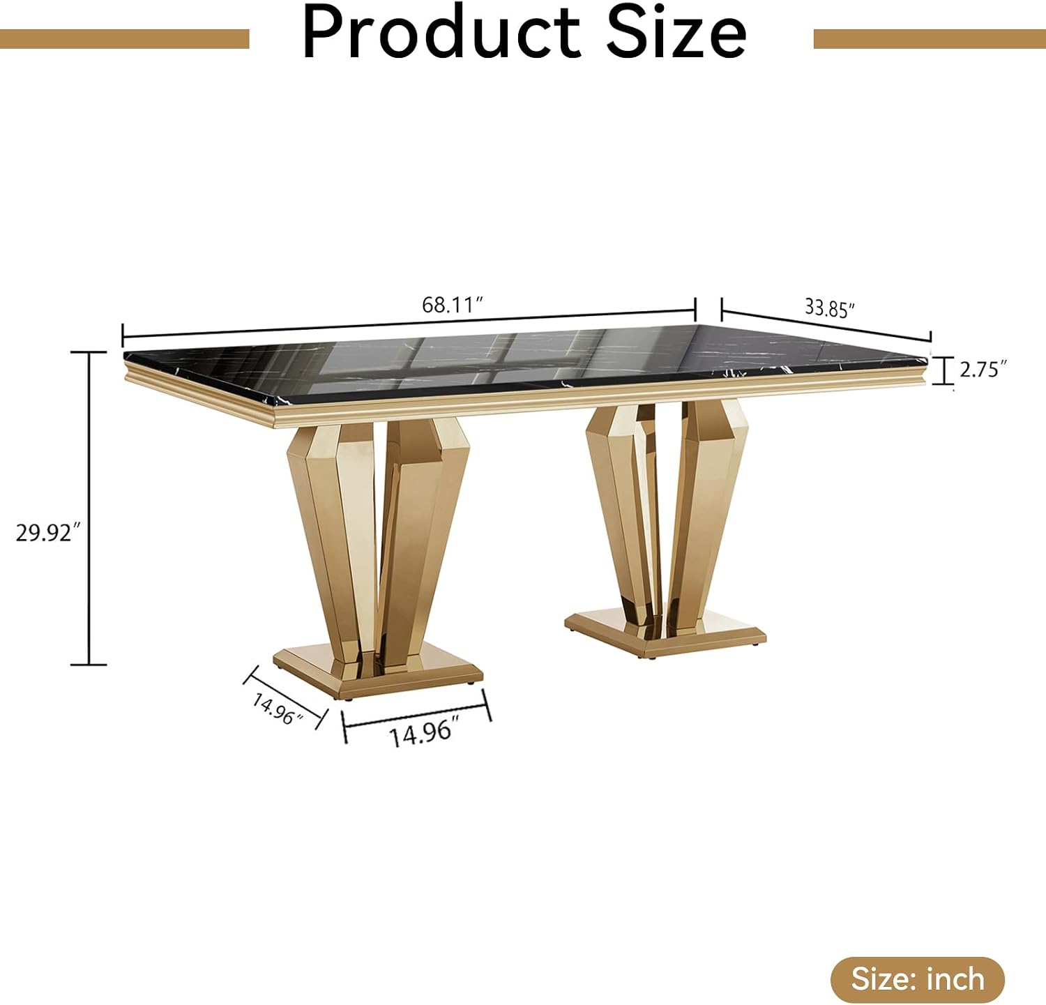 68' Luxury Rectangular Marble Dining Table for 4 to 6, Black Faux Marble Kitchen Table with Gold X Shape Stainless Steel Pedestal, Modern Kitchen Dining Room Table for Breakfast Dinette Dinner Party