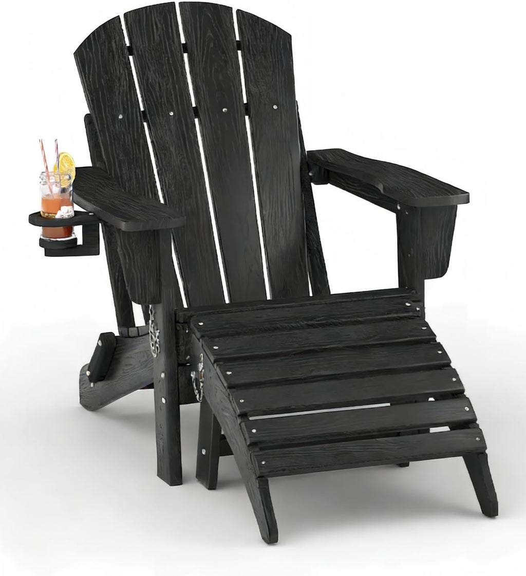 Folding Adirondack Chair Set of 2 with Ottoman, All-Weather HDPE Outdoor Chair, Wooden Textured with Cup Holder for patios, Decks, Gardens, fire pits, Black