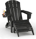 Folding Adirondack Chair Set of 2 with Ottoman, All-Weather HDPE Outdoor Chair, Wooden Textured with Cup Holder for patios, Decks, Gardens, fire pits, Black