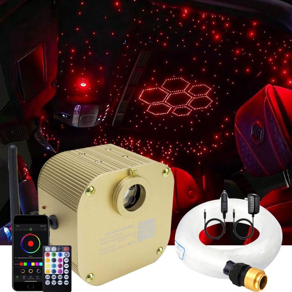 AZIMOM Bluetooth16w Twinkle Fiber Optic Lights Star Ceiling Lighting Kits Mixed 335pcs 13.1ft Fiber Strands End Glow RGBW Music Mode Light Source Car Use Headliner Home Decor