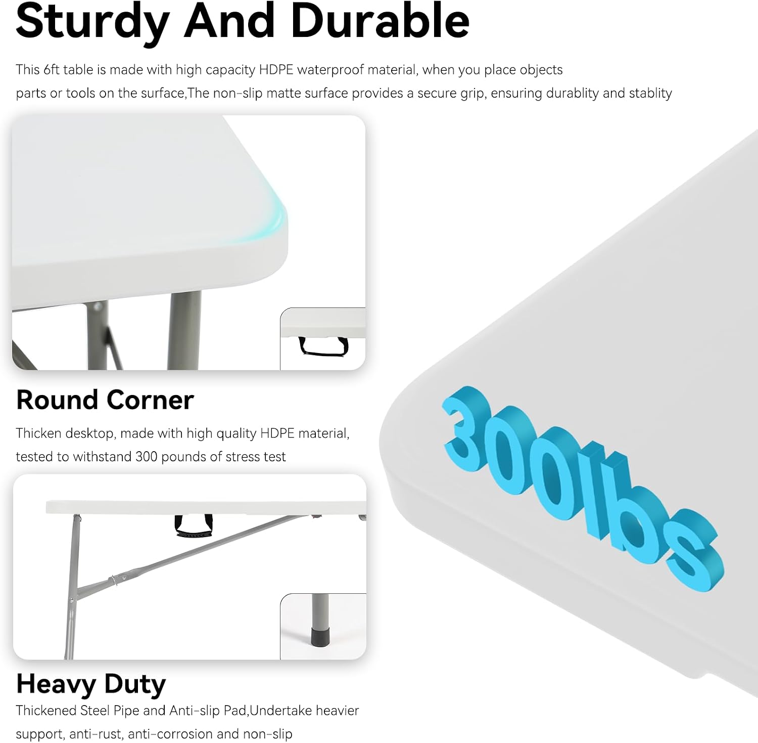 5 Pack of 6 Foot Foldable Table with Built in Handle & Steel Legs ,Heavy Duty Portable ,Perfect for Party, Dining, Wedding, Events, Picnic Indoor, Outdoor, Camping, Utility, Folding(white-5pac)