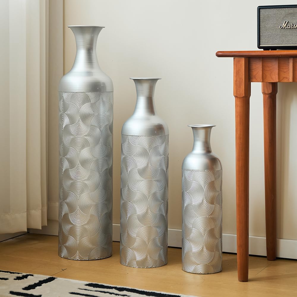 Floor Metal Decorated Vases Set of 3 for Gorgeous Home Decoration Large Glazed Metal Vases (Silver)