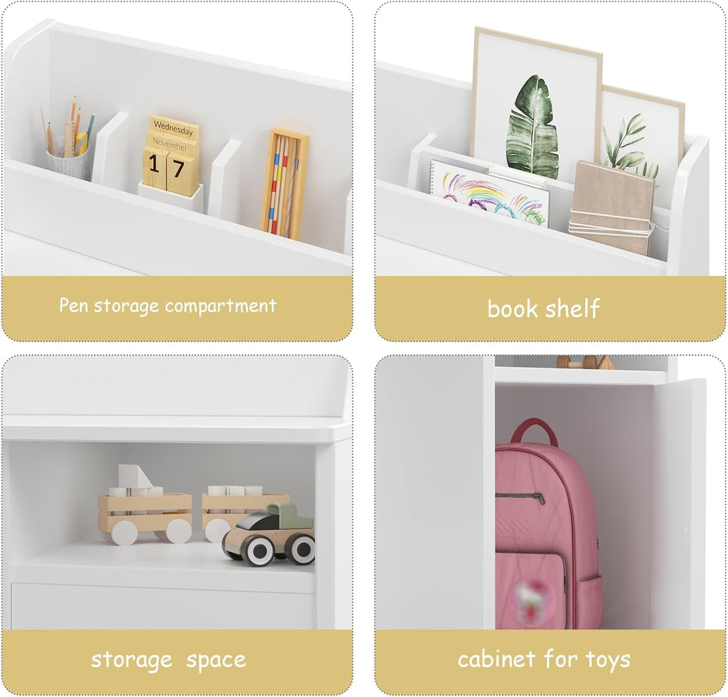 Kids Study Desk with Chair,Wooden Children Study Table, Kids Desk & Chair Sets with Hutch and Storage Cabinet for 3-12 Year Old, Student Writing Desk Computer Workstation for Kids Bedroom & Study Room