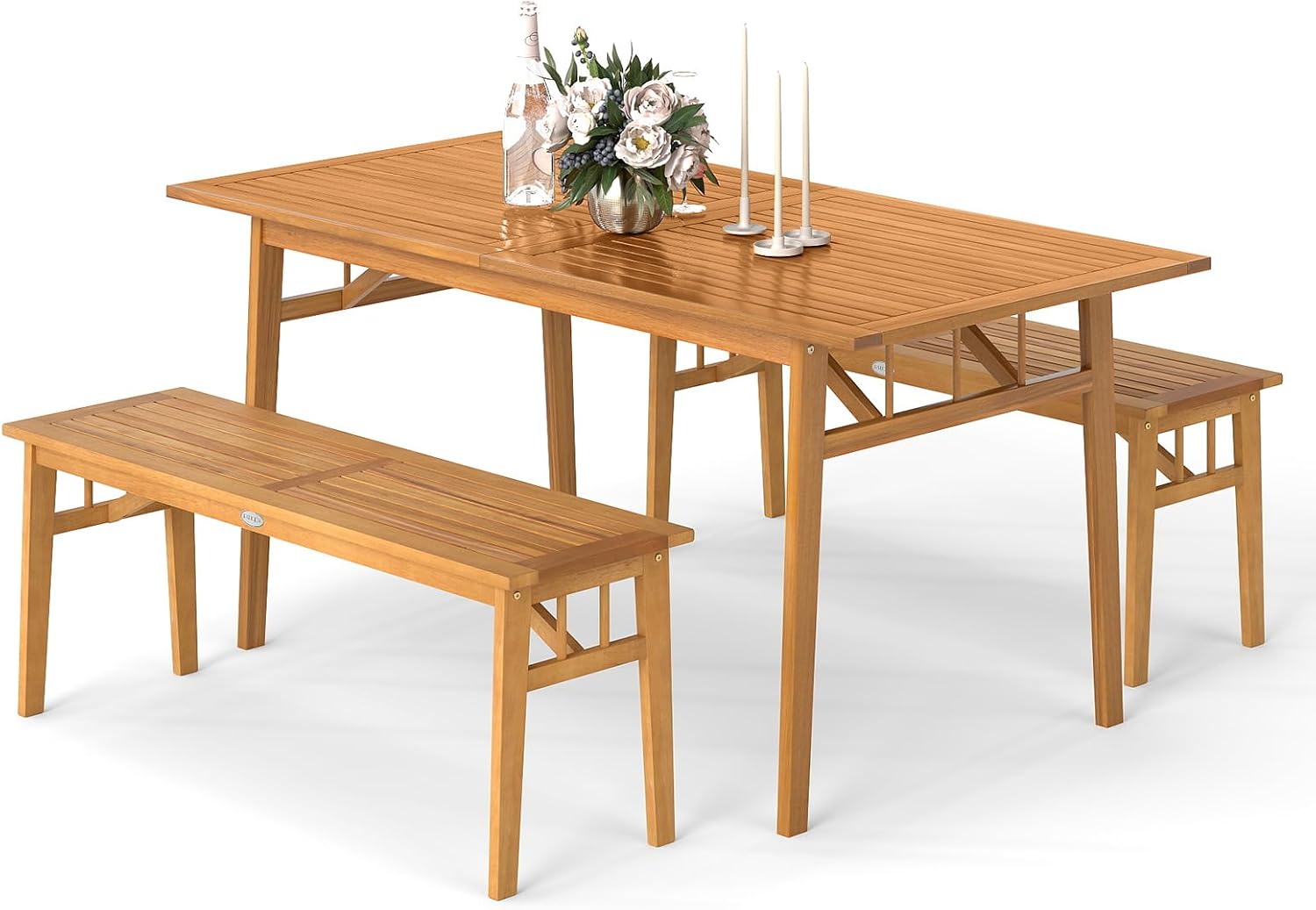 Tangkula 3 Pieces Patio Dining Set, Acacia Wood Space Saving Outdoor Rectangular Picnic Table with 1.97' Umbrella Hole and 2 Benches, for Yard, Garden and Poolside