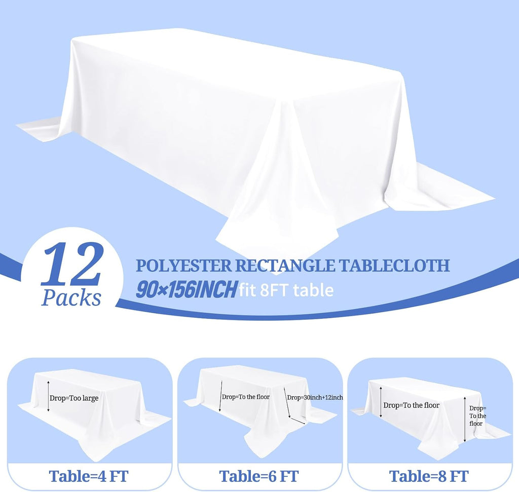 Pesonlook 12 Pack White Polyester Tablecloth-90 x 156 Inch White Rectangle Tablecloth for 8 Ft Rectangle Tables,Washable Fabric Table Cover for Wedding/Buffet Party/Dining Table/Events