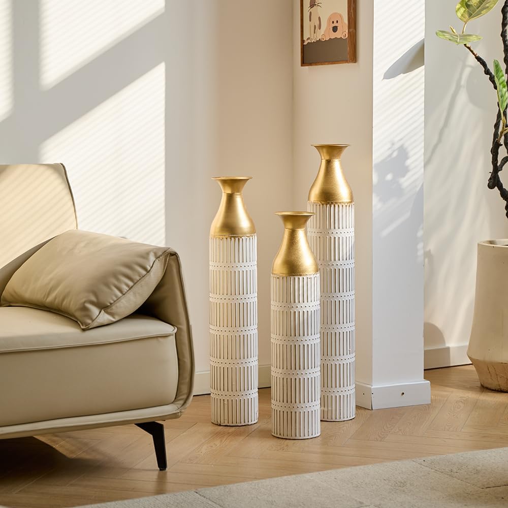 Floor Metal Decorated Vases Set of 3 for Gorgeous Home Decoration Large Glazed Metal Vases (Retro White)