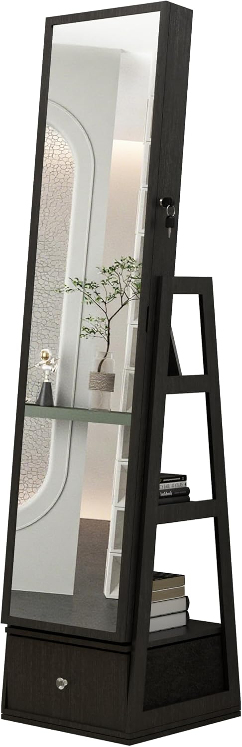 65' 360° Swivel Freestanding Storage Chest, Jewelry Cabinets with Interior Light, Utility Organizer with Lock for Home, Black