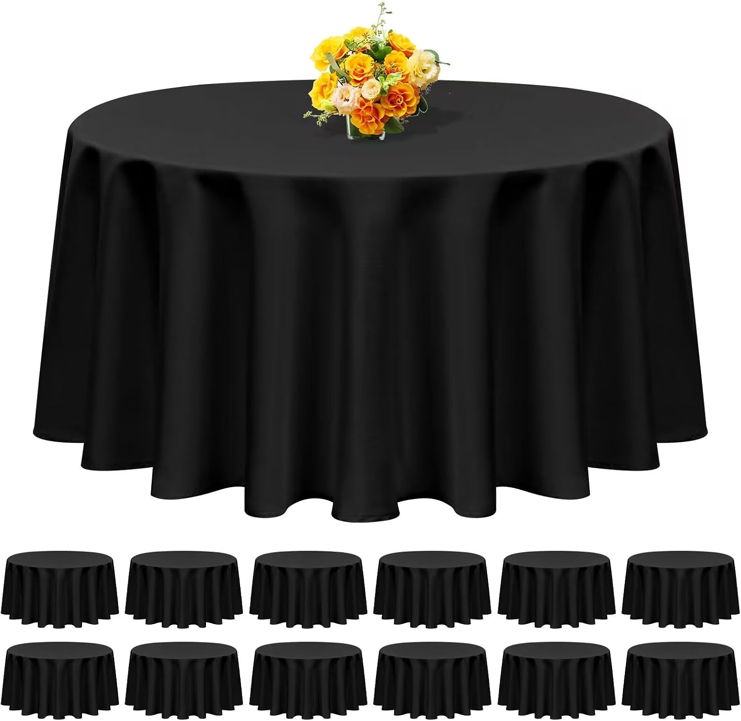 12 Pack Round Tablecloth 108 Inch - Black Polyester Tablecloth for Round Table, Premium Stain and Wrinkle Resistant Washable Fabric Table Cover for Wedding Party Banquet Restaurant Reception