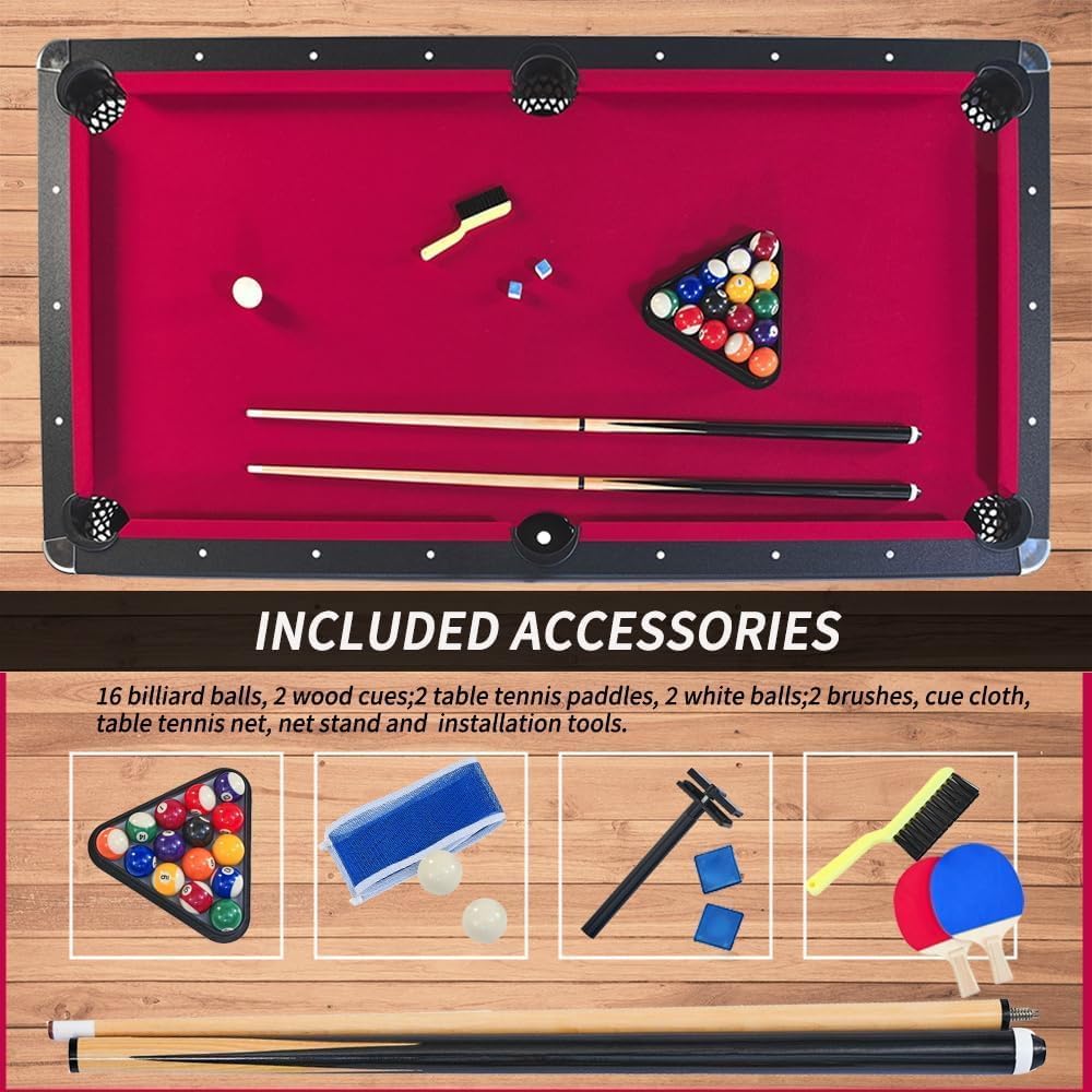 2 in 1 Pool and Table Tennis Multi Game Table, 6-Foot Modern Billiards Table with Conversion Top of Table Tennis Includes Cues, Paddles and Balls
