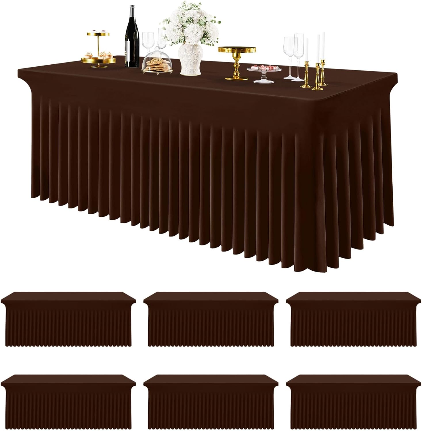 Smiry Spandex Tablecloth 6 Pack, Elastic Fitted Stretch Tablecloth for 6FT Rectangle Tables, Waterproof Washable Table Cover Skirt for Wedding, Banquet & Parties (Coffee, 72Lx30Wx30H Inch)